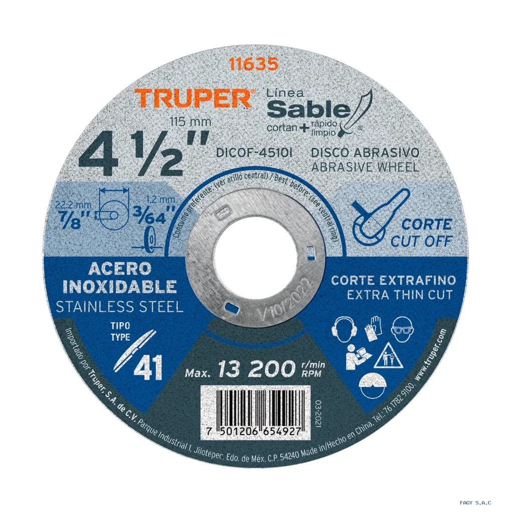 Disco Tipo 41 de 4-1/2" x 1 mm corte  fino acero inox, Sable 11635  DICOF-4510I
