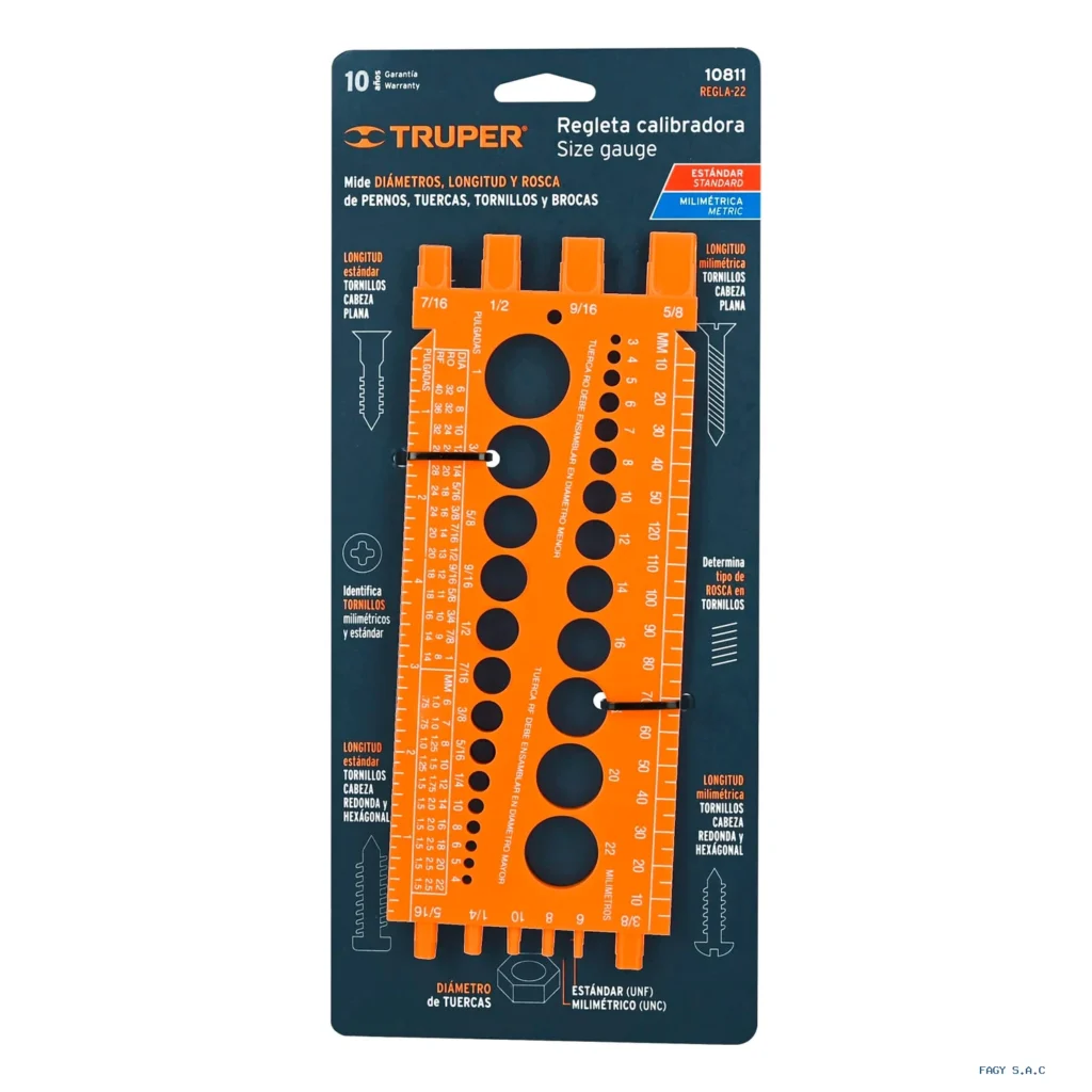 Regleta medidora de tuercas y tornillos, std y mm, TRUPER 10811
