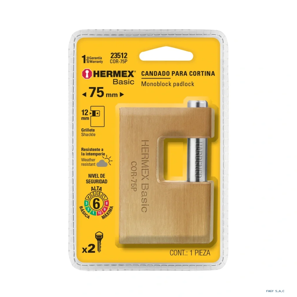 Candado antipalanca 75 mm cuerpo de latón, HERMEX BASIC 23512