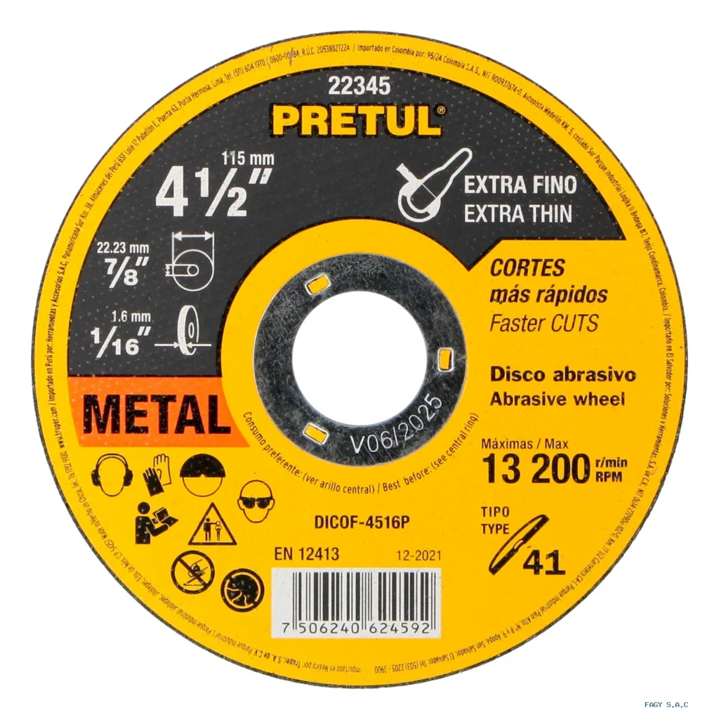 Disco Tipo 41 de 4-1/2" x 1.6 mm corte  fino de metal, Pretul 22345 DICOF-4516P