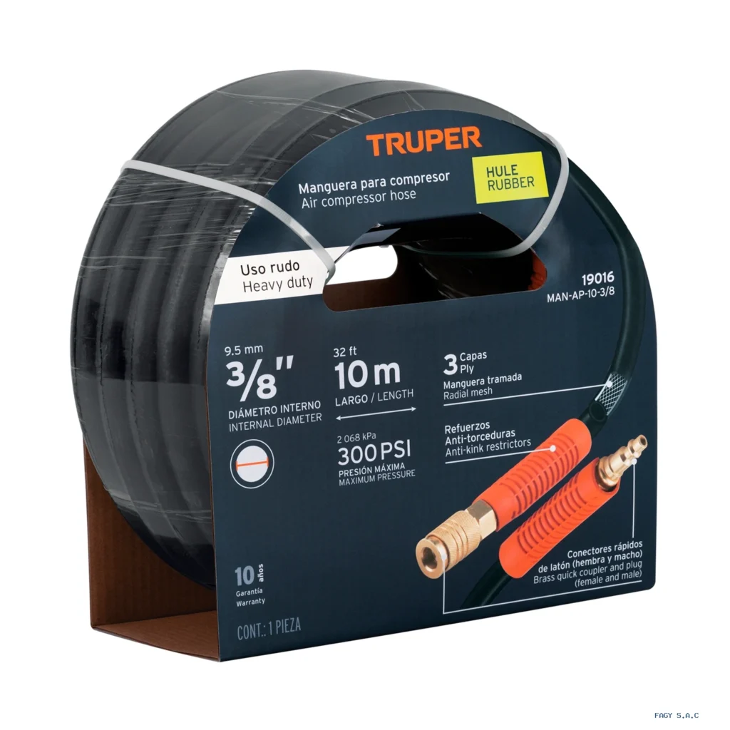 Manguera para compresor, de hule, 10m x 3/8", Truper 19016