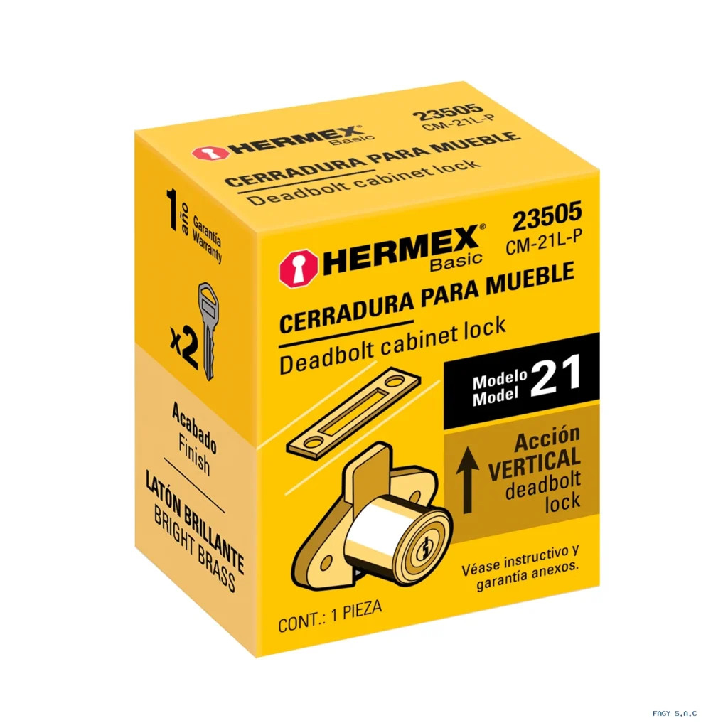 Cerradura para mueble, modelo 21, latón, HERMEX BASIC 23505