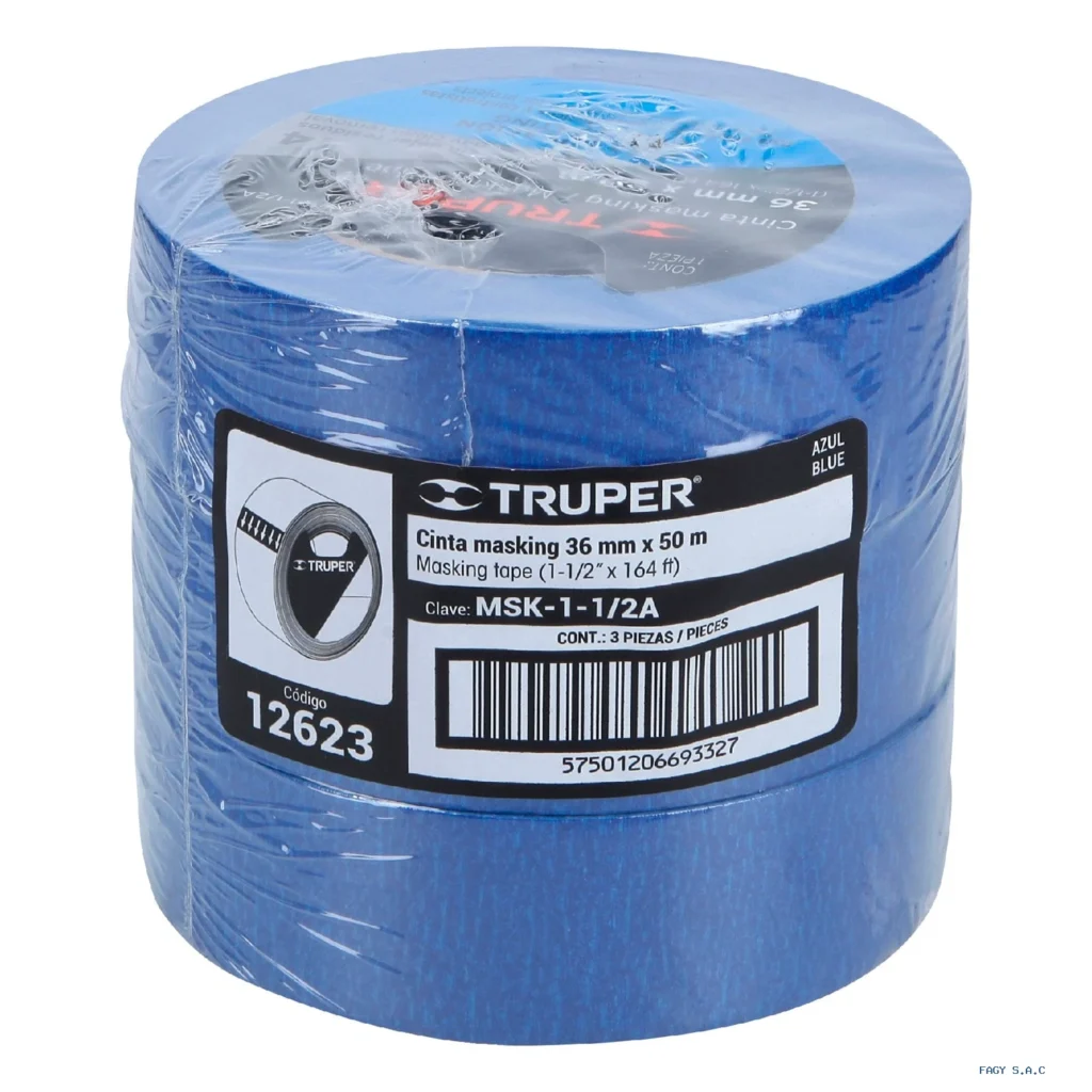 Cinta masking tape azul de 1-1/2" x 50 m para pintor, Truper 12623