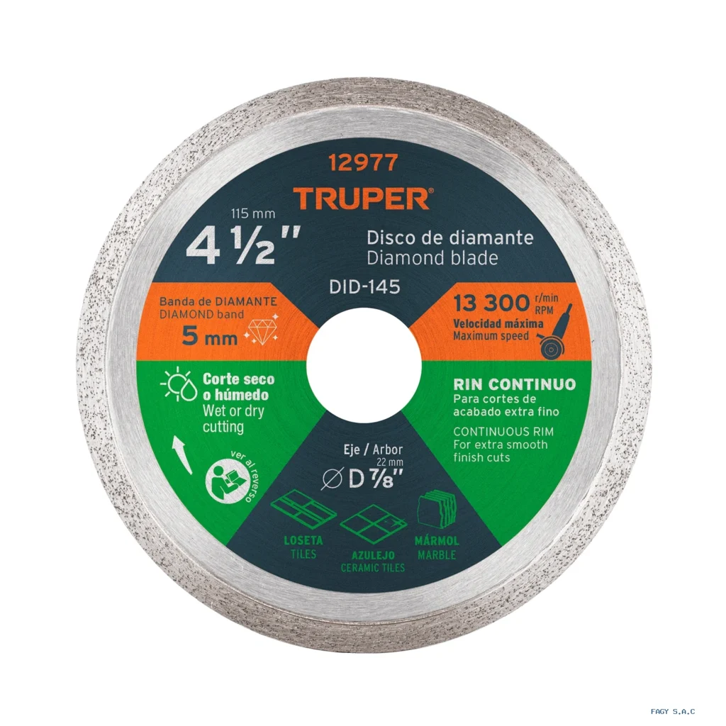 Disco de diamante de 4-1/2" x 1.6 mm,  rin continuo, TRUPER 12977  DID-145
