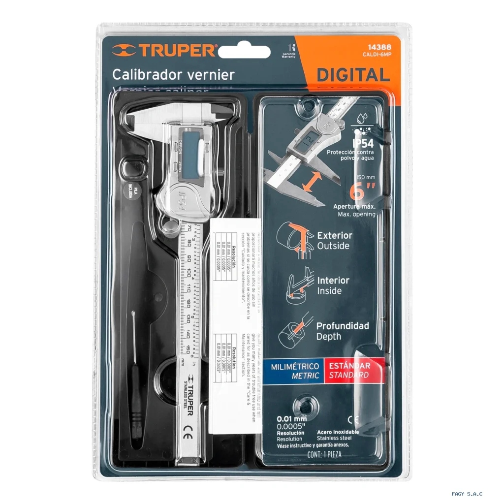 Calibrador vernier digital 6", acero inox, std y mm, TRUPER 14388