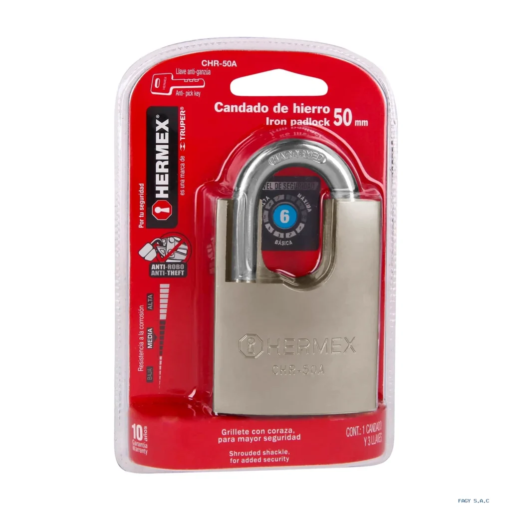 Candado de hierro 50 mm con coraza, llave anti-ganzúa 43313