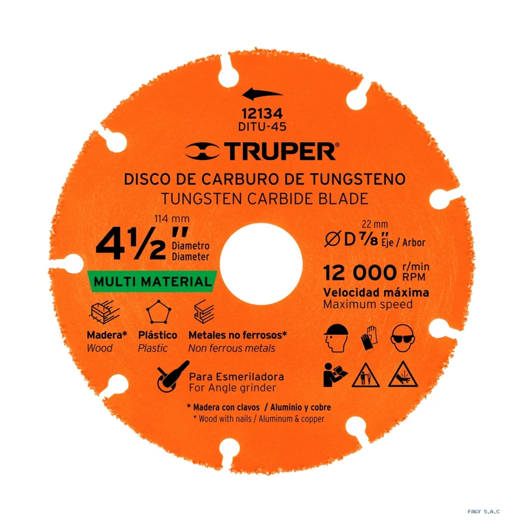 Disco 4-1/2" multimaterial de carburo  de tungsteno, TRUPER 12134 DITU-45