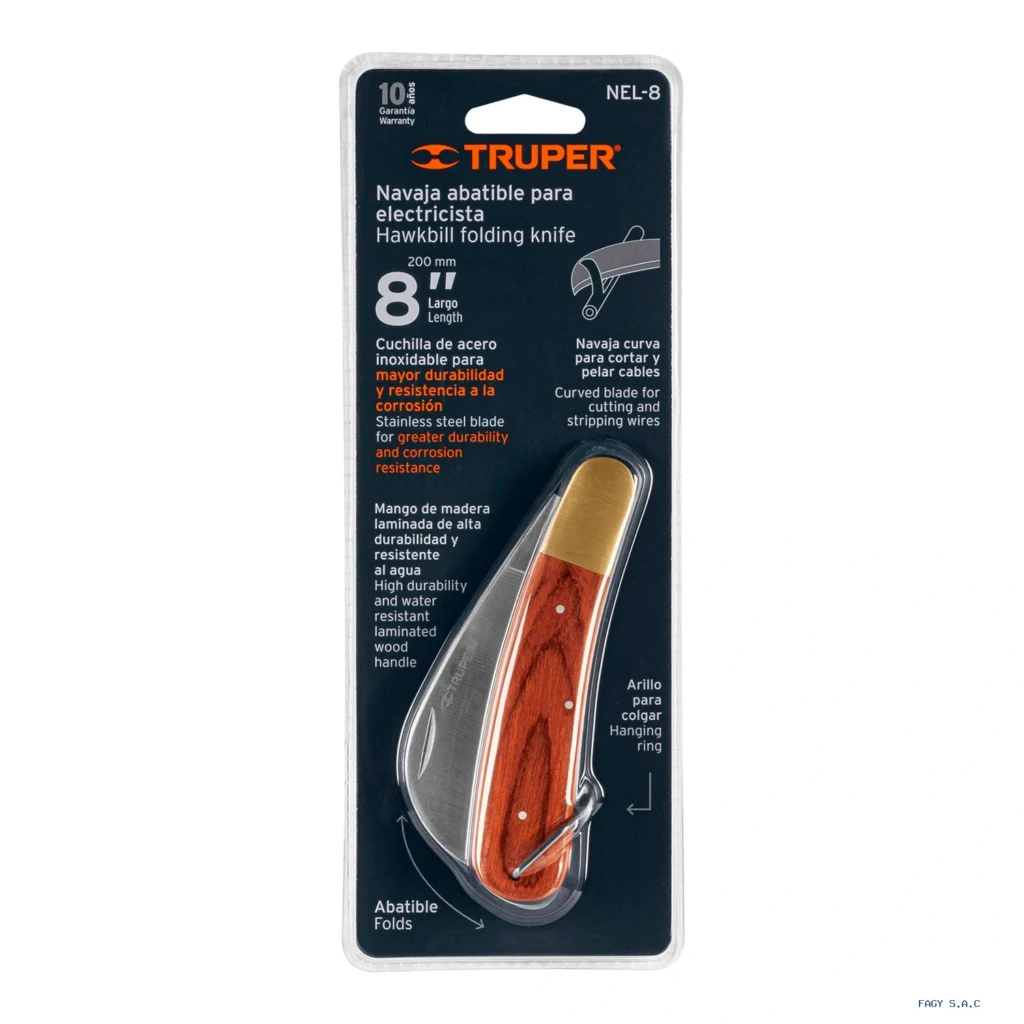 Cuchillo abatible 8" para electricista mango madera, Truper 18539