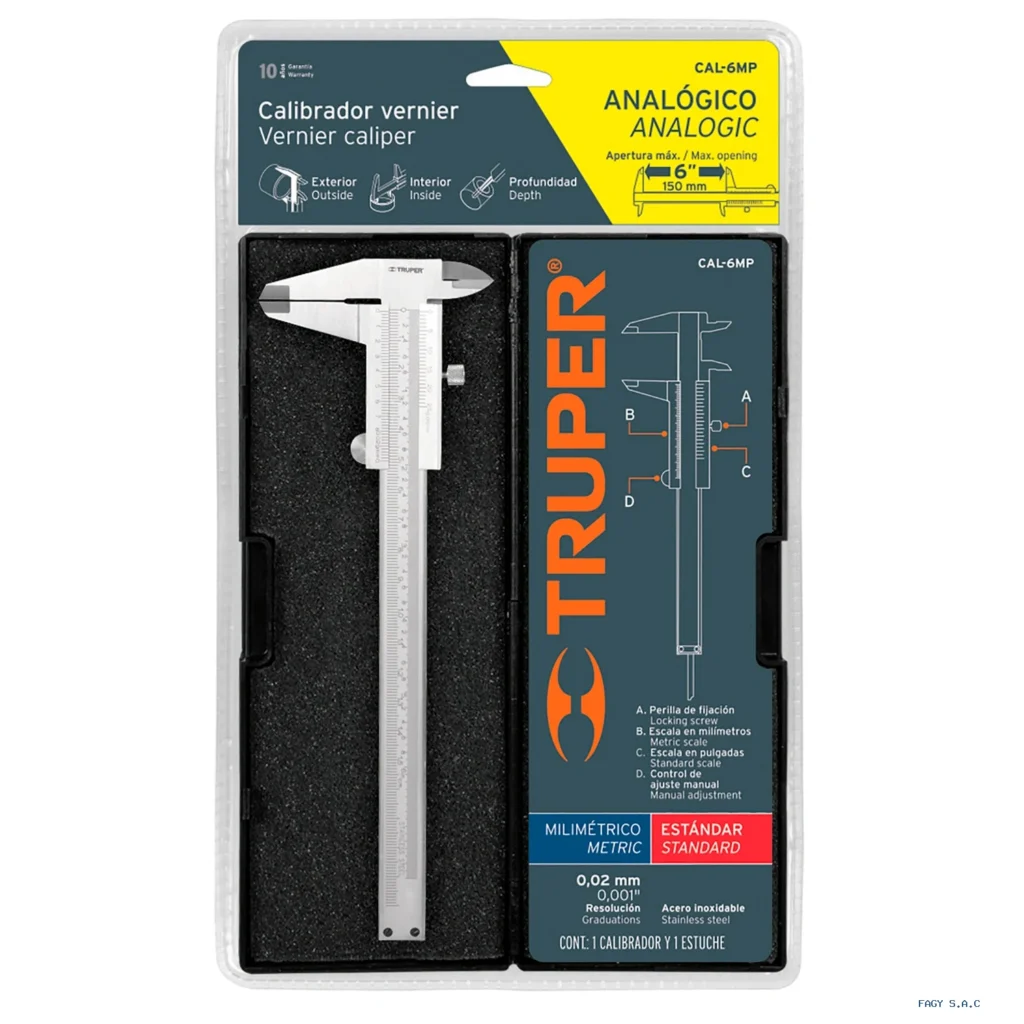 Calibrador vernier analógico 6", acero inox, std y mm,TRUPER 14394