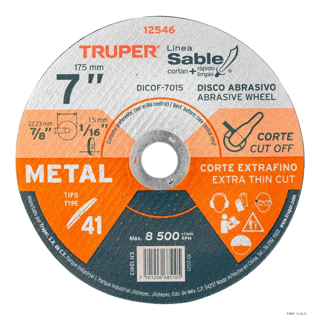 Disco Tipo 41 de 7" x 1.5 mm corte fino  de metal, Sable 12546 DICOF-7015