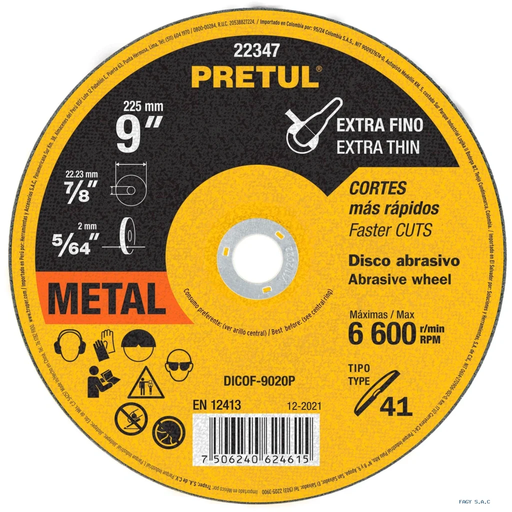 Disco Tipo 41 de 9" x 2 mm corte fino de  metal, Pretul  22347  DICOF-9020P