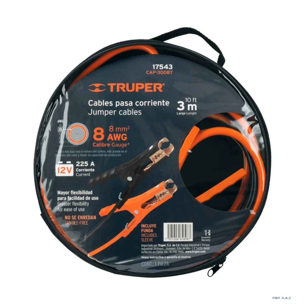 Cables pasa corriente 3 m, 225 A, 8 AWG, con funda, Truper 17543