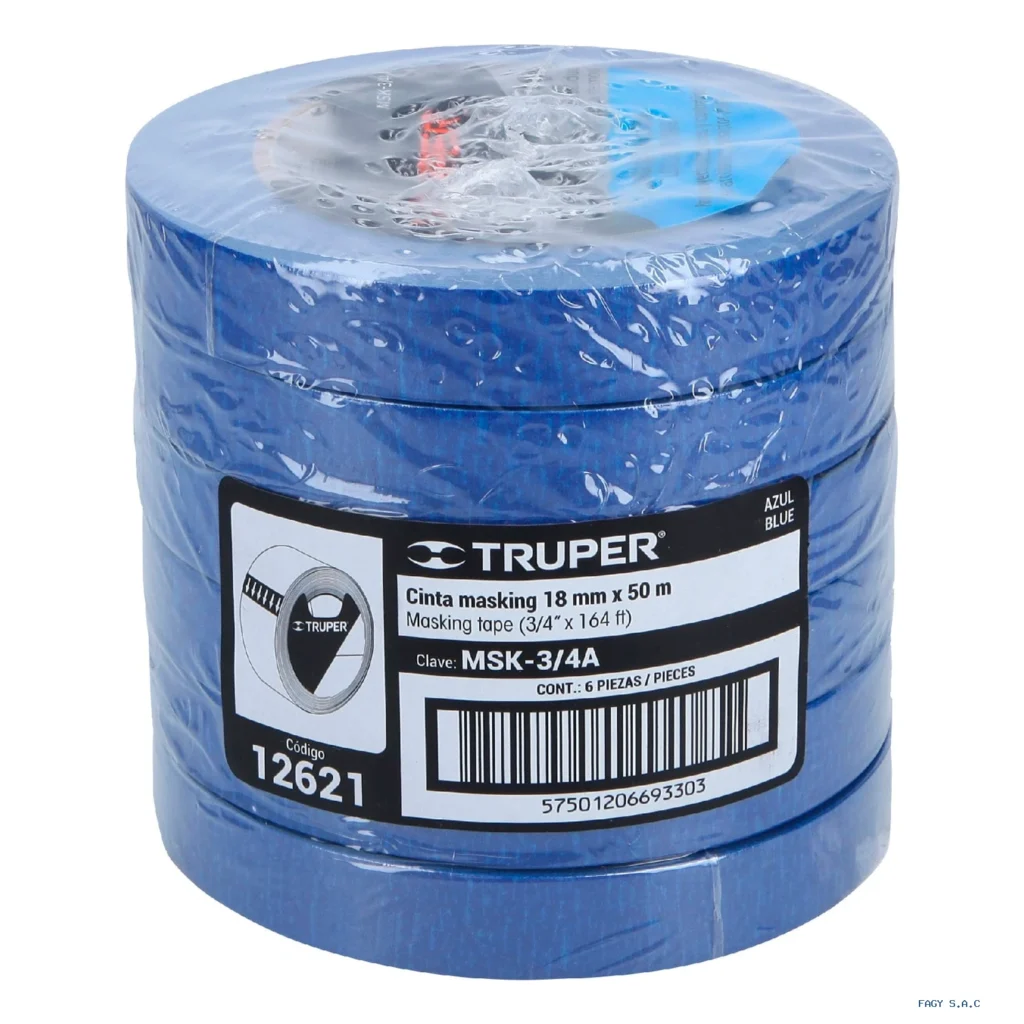 Cinta masking tape azul de 3/4" x 50 m para pintor, Truper 12621