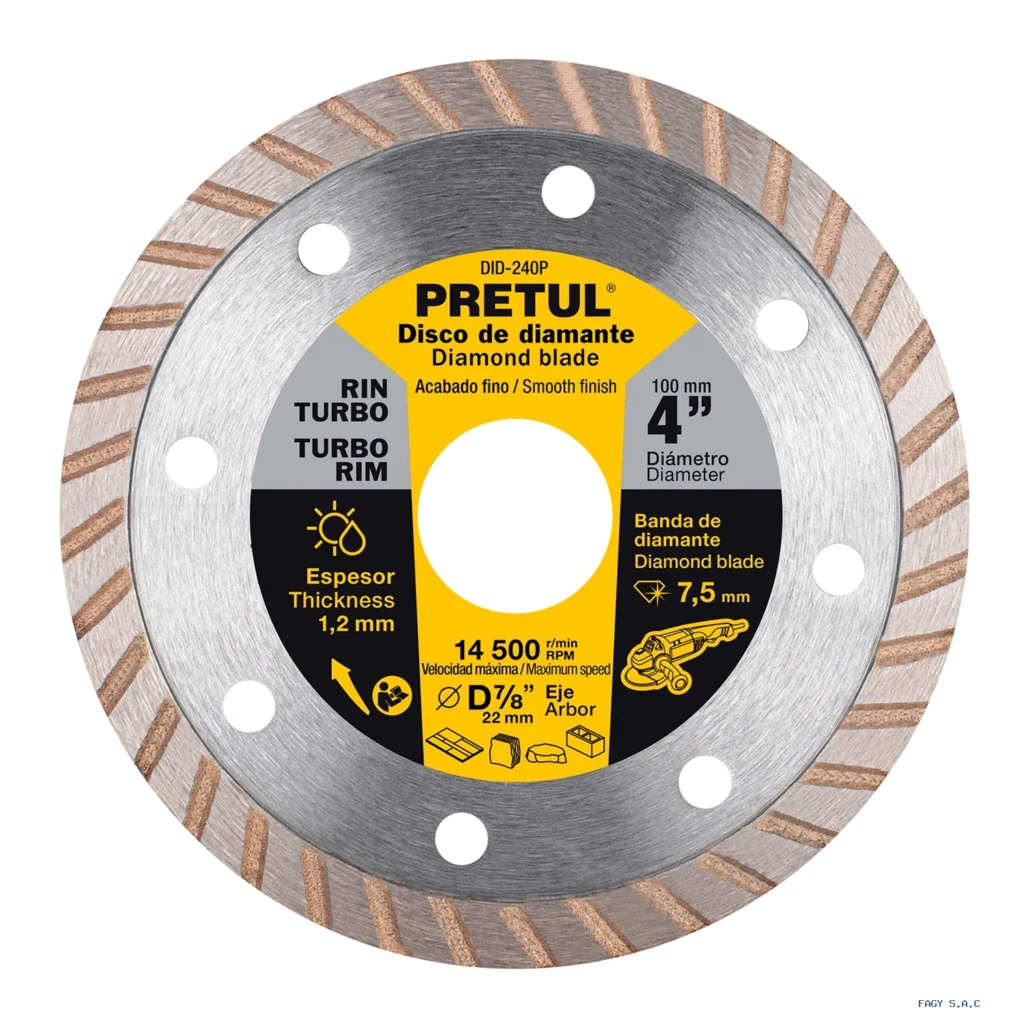 Disco de diamante de 4" x 1.2 mm, rin  turbo, PRETUL 27016 DID-240P