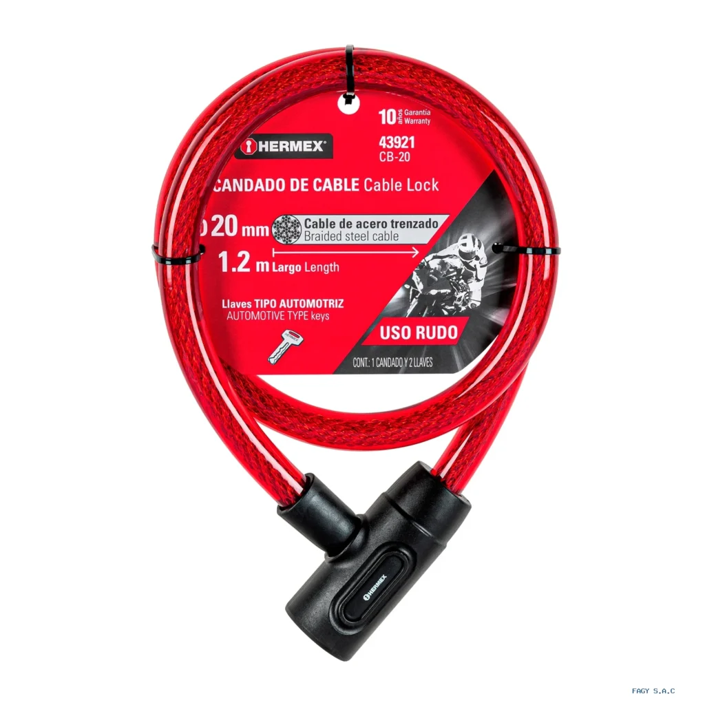 Candado de cable con llave, 20 mm X 1.20 m, HERMEX 43921