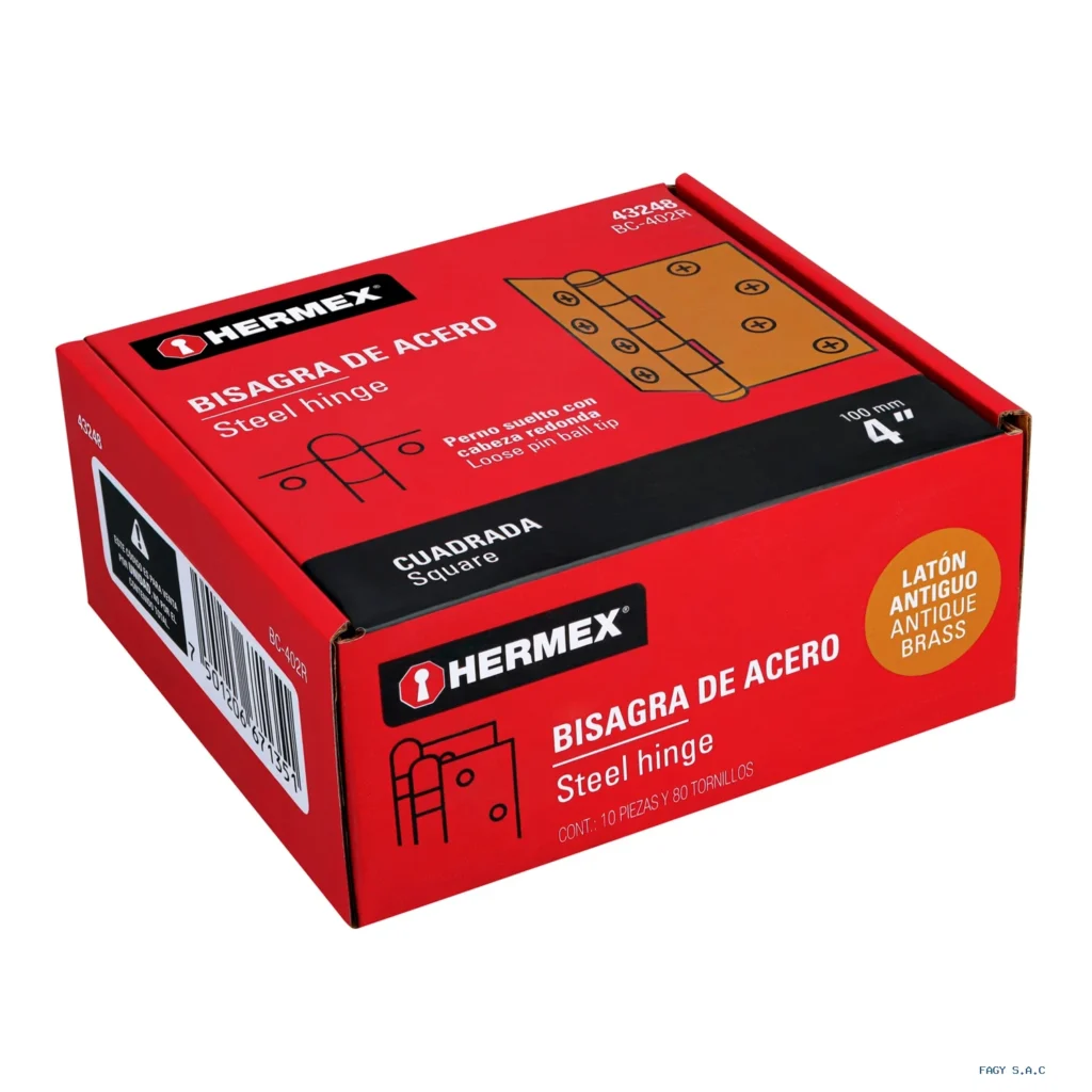 Bisagra cuadrada 4", latón antiguo, cabeza redonda, HERMEX 43248
