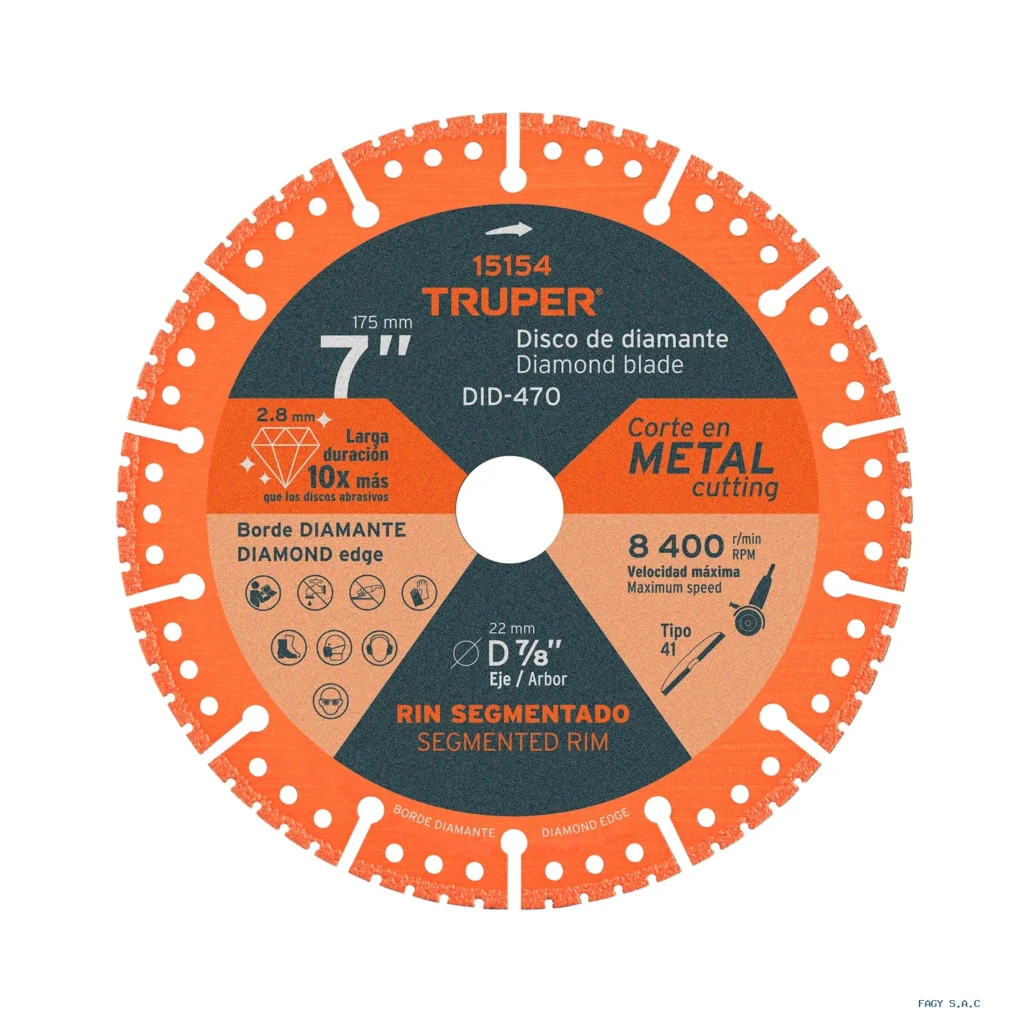 Disco de diamante de 7" x 2.8 mm, corte  de metal, TRUPER 15154