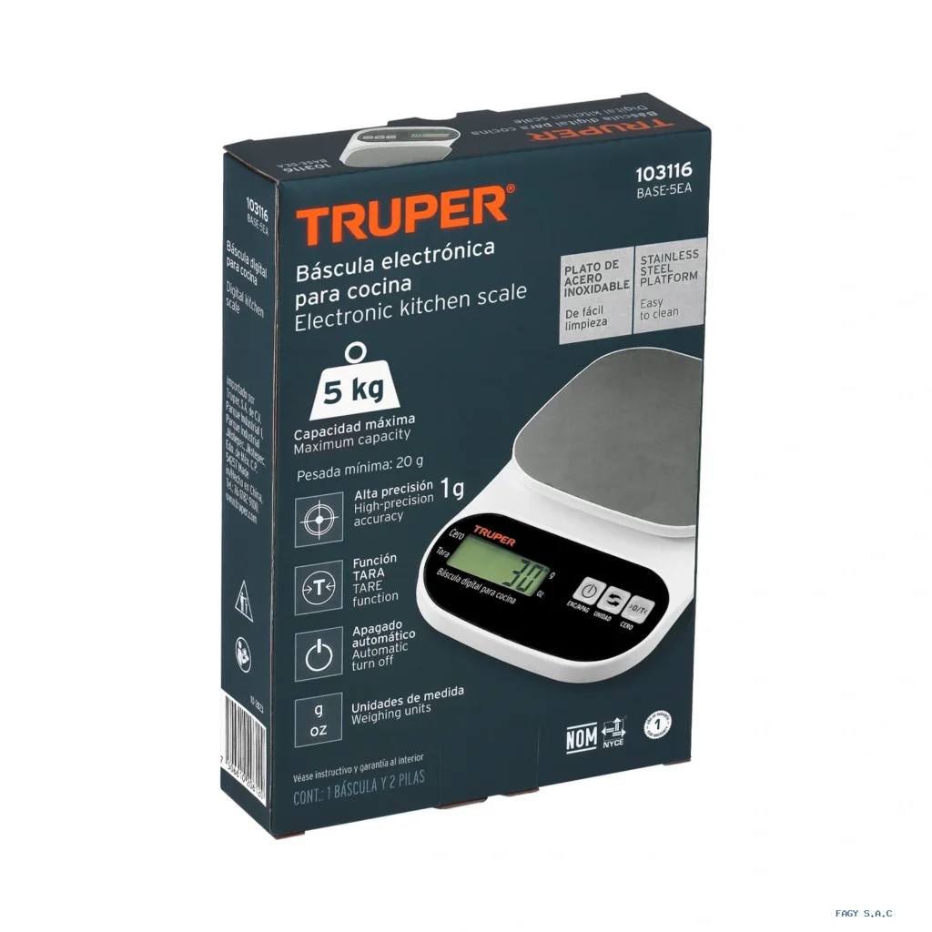 Báscula digital para cocina, plato de acero inox,5kg, Truper 103116