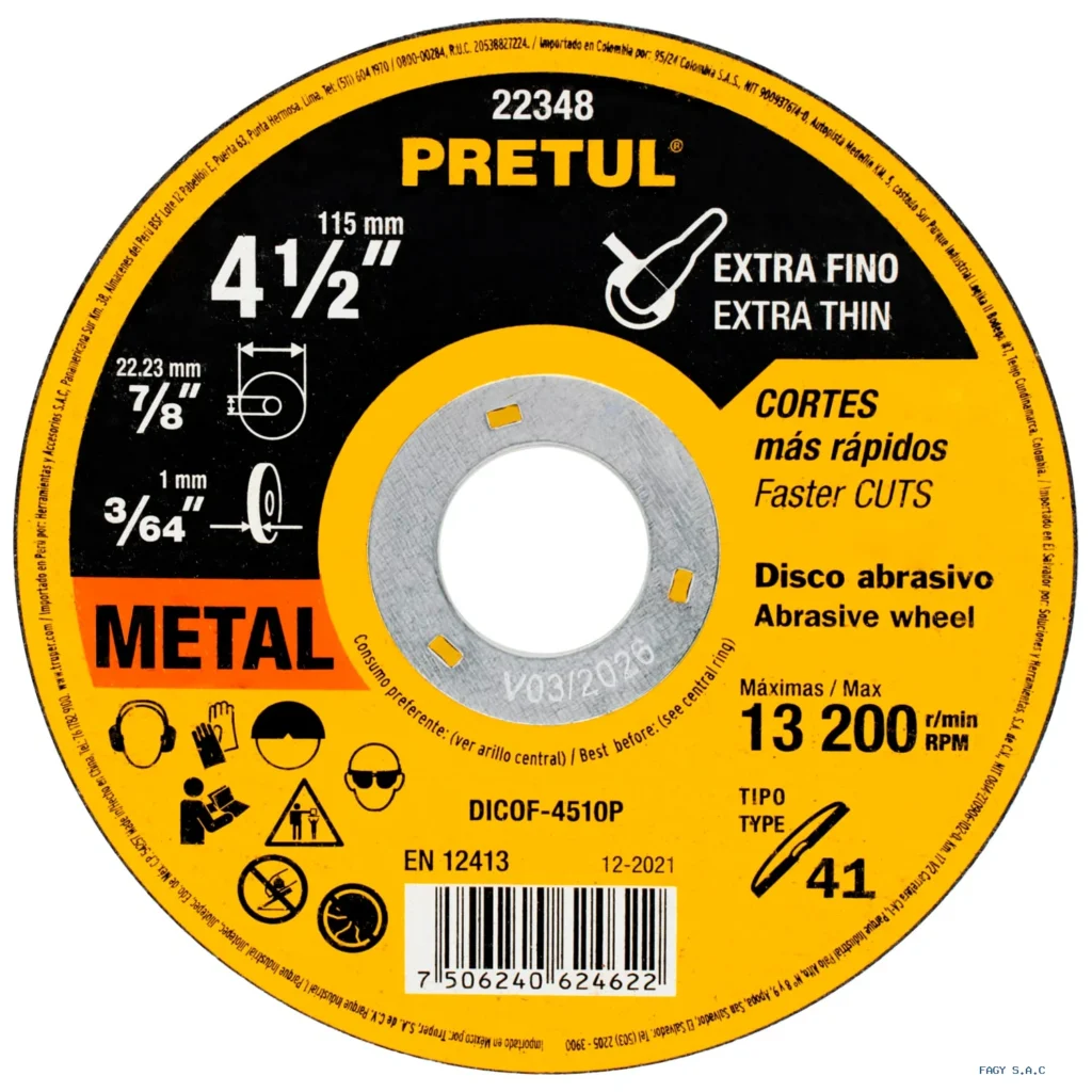 Disco Tipo 41 de 4-1/2" x 1 mm corte  fino de metal, Pretul  22348 DICOF-4510P