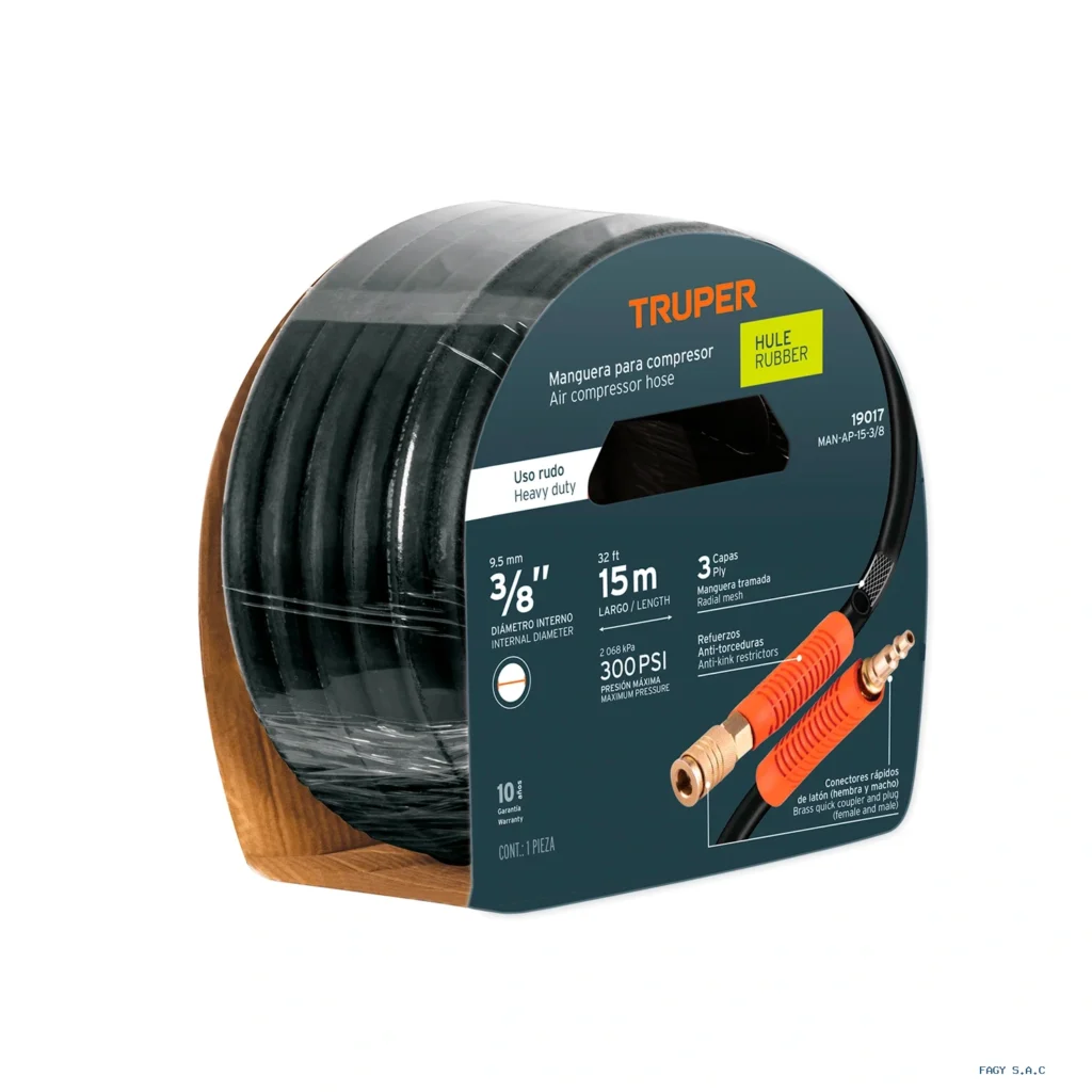 Manguera para compresor, de hule, 15m x 3/8", Truper 19017