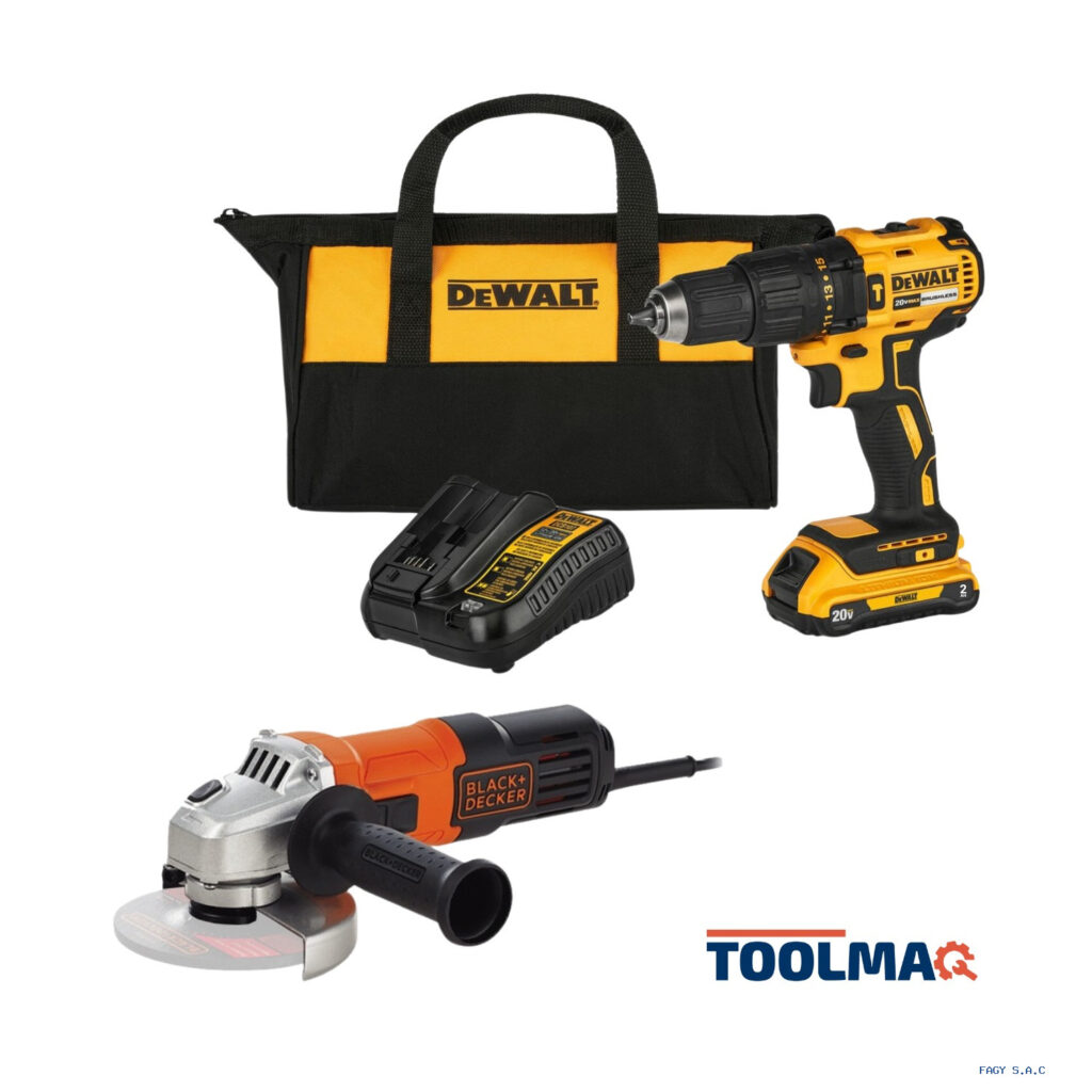 Taladro Percutor Inalámbrico Dewalt 20V DCD7781D1-B2 + Bateria 2Ah + Cargador  + Amoladora Angular 4 1/2" Black + Decker G650-B2