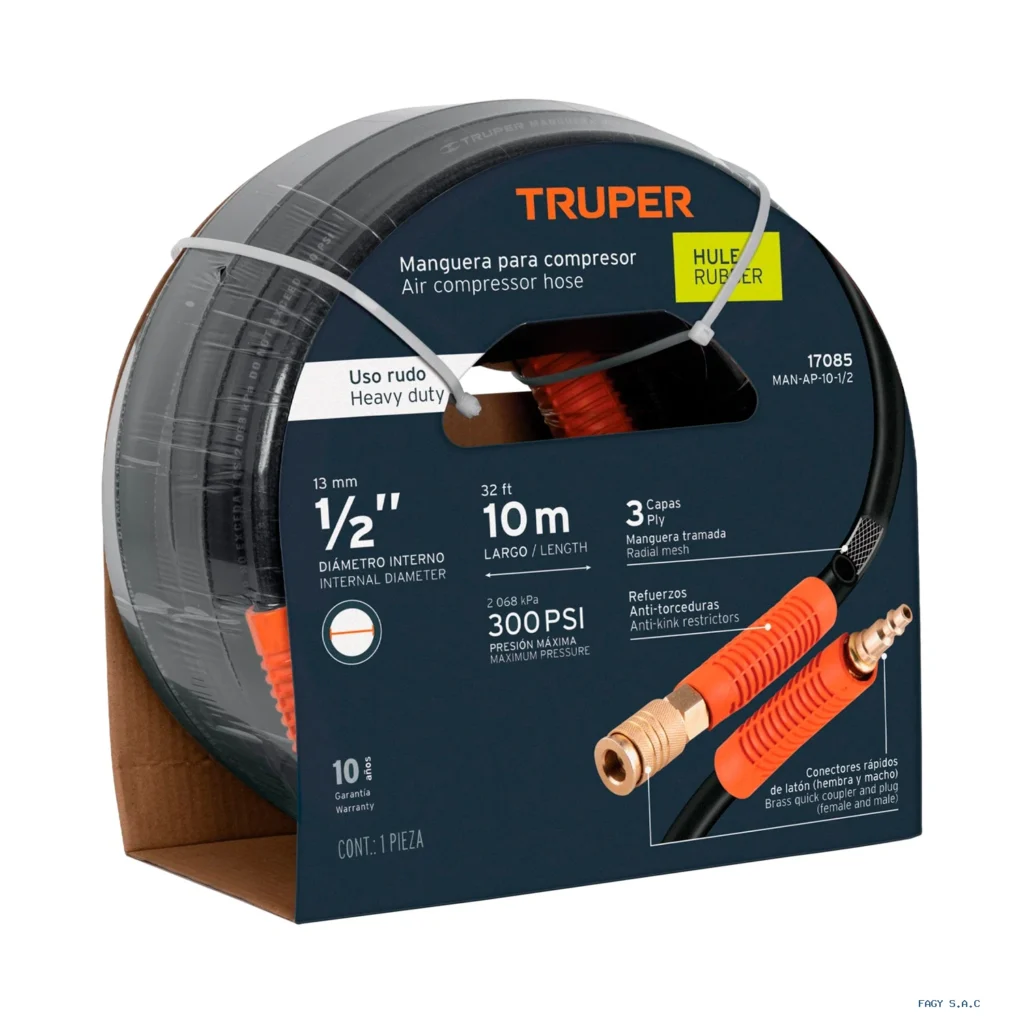 Manguera para compresor, de hule, 10m x 1/2", Truper 17085