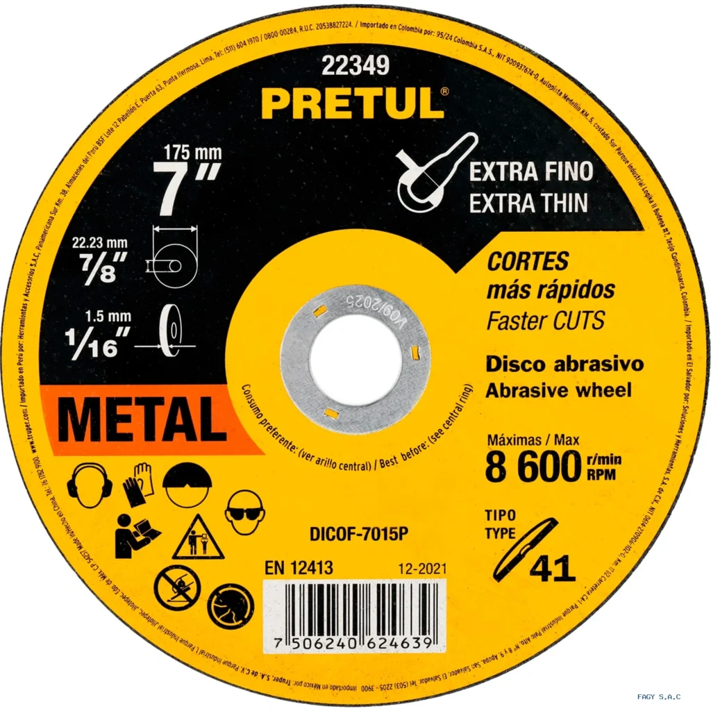 Disco Tipo 41 de 7" x 1.5 mm corte fino  de metal, Pretul 22349  DICOF-7015P