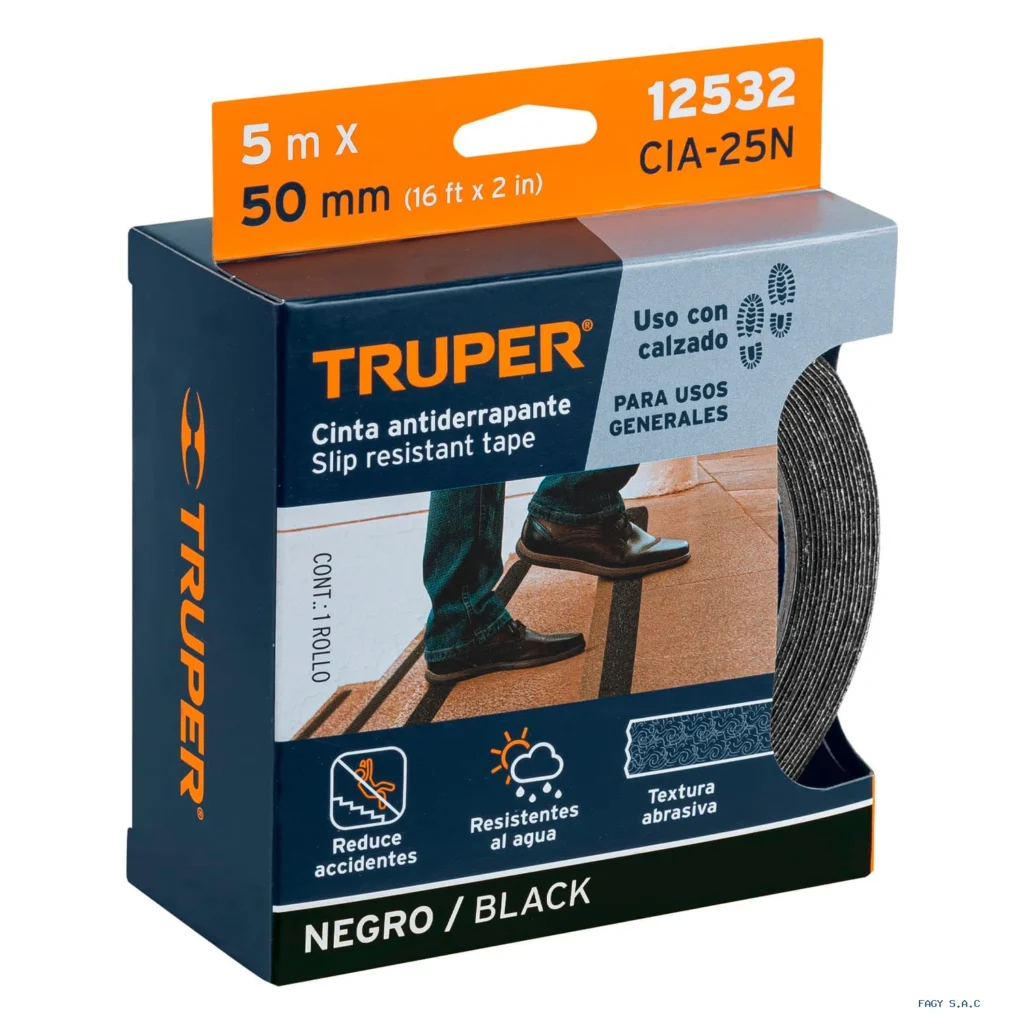 Rollo de 5 m de cinta antiderrapante negra 50mm con abrasivo 12532