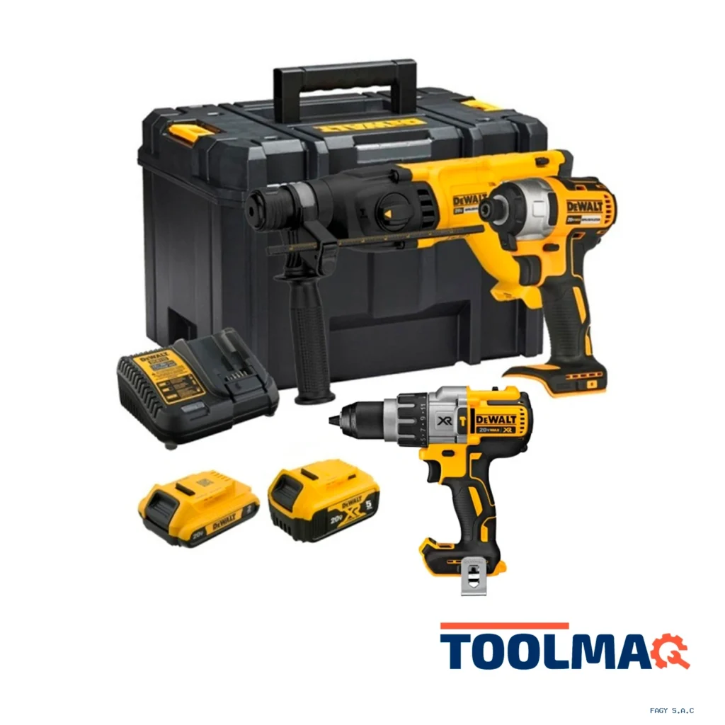 Rotomartillo Sds Plus + Atorn de Impacto 1/4" 20V + 2 Bat + Taladro 1/2" Dewalt DCK260D1P1T-K10