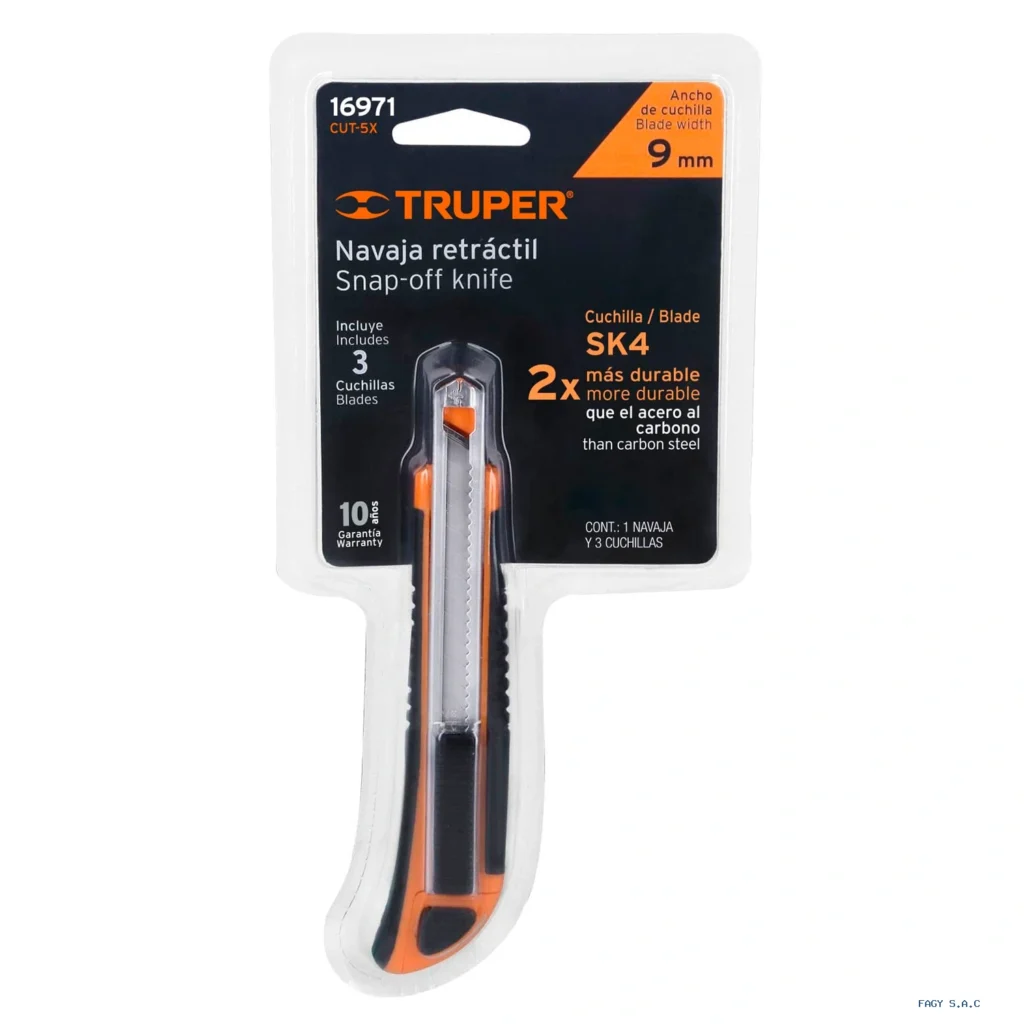 Cutter 9 mm profesional con alma metálica y grip Truper 16971