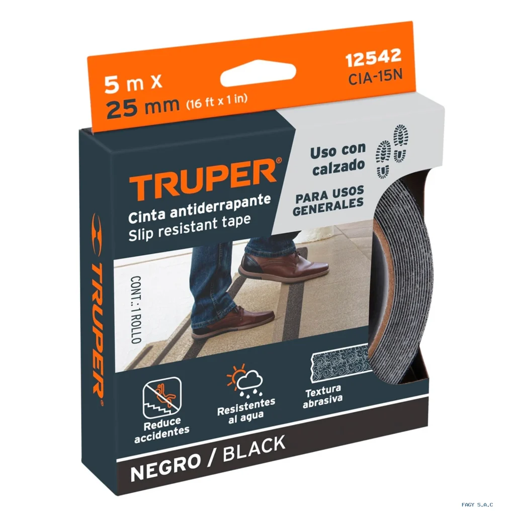 Rollo de 5 m de cinta antiderrapante negra 25mm con abrasivo 12542