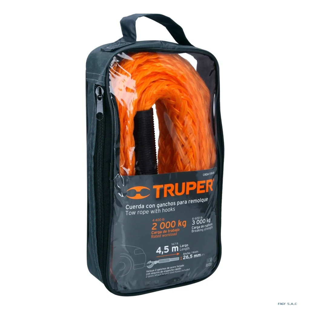 Cuerda con ganchos para remolque, 27 mm x 4.5 m, Truper 18346