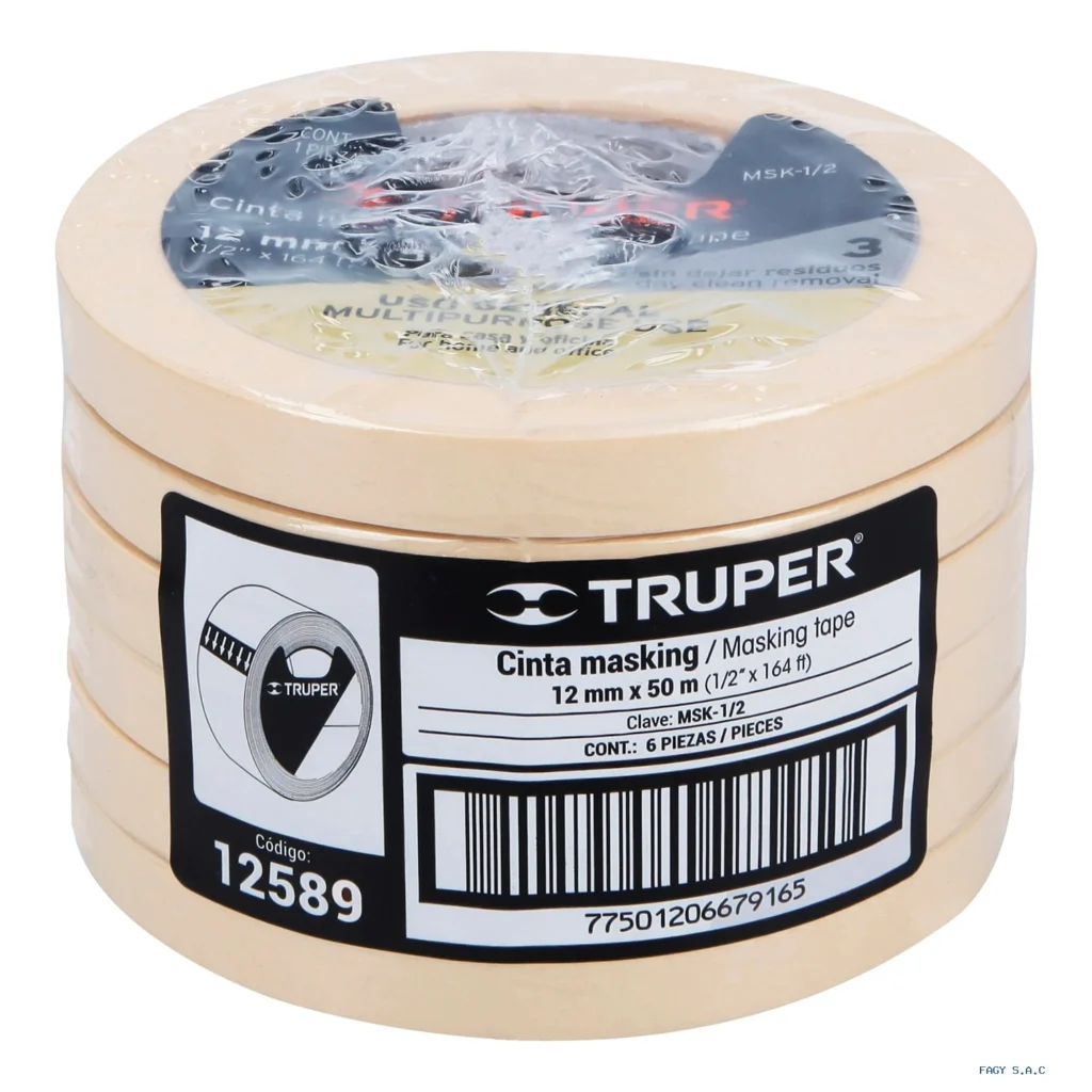 Cinta masking tape de 1/2" x 50 m, Truper 12589