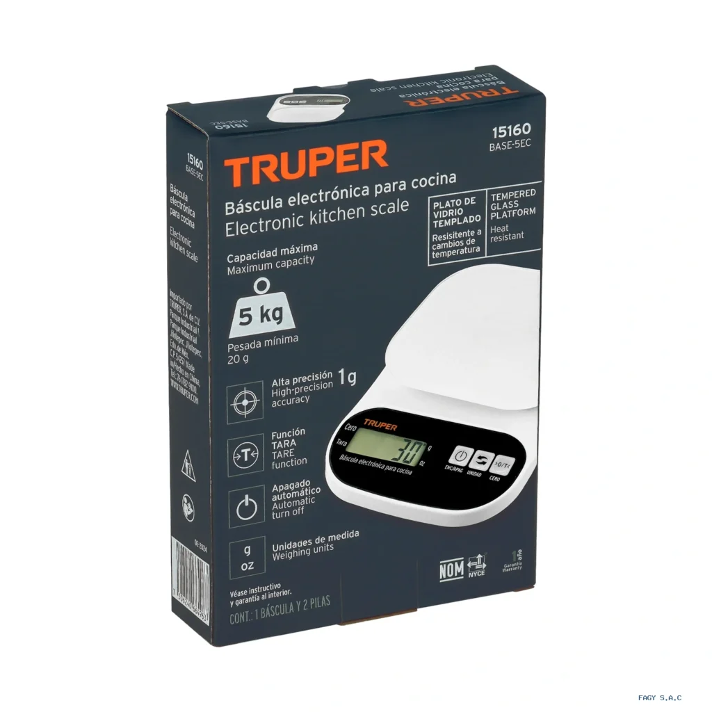 Báscula digital para cocina, plato de vidrio, 5 kg, Truper 15160