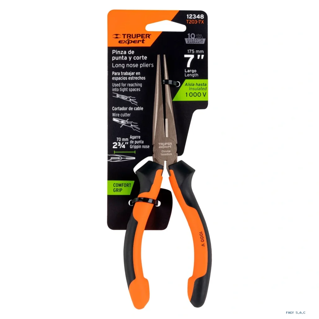 Alicate pinza punta y corte 7" mango Comfort Grip, Truper Expert 12348