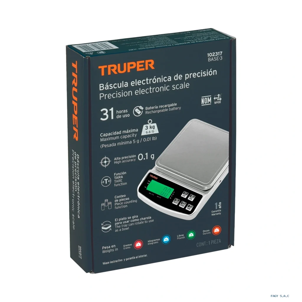 Báscula electrónica de precisión, recargable, 3 kg, Truper 102317
