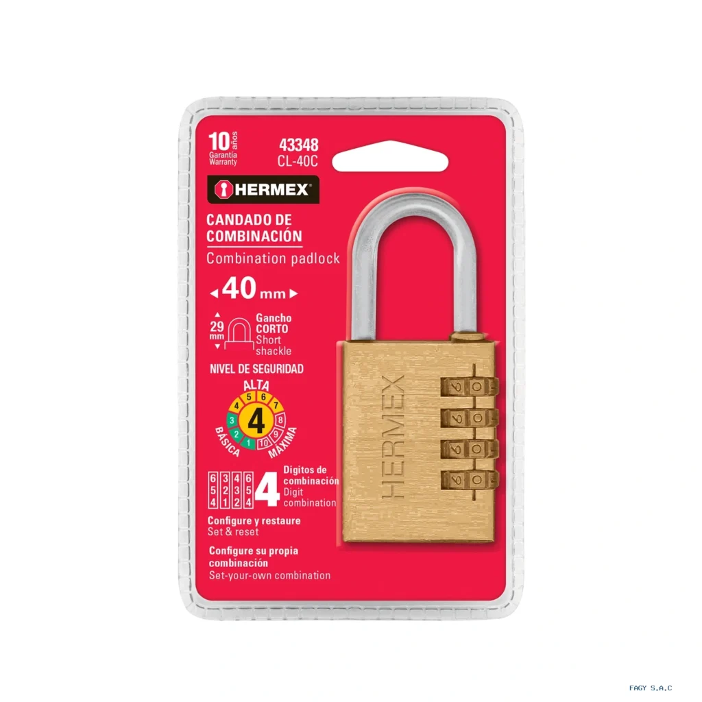 Candado de combinación 40 mm cuerpo de latón en blíster 43348
