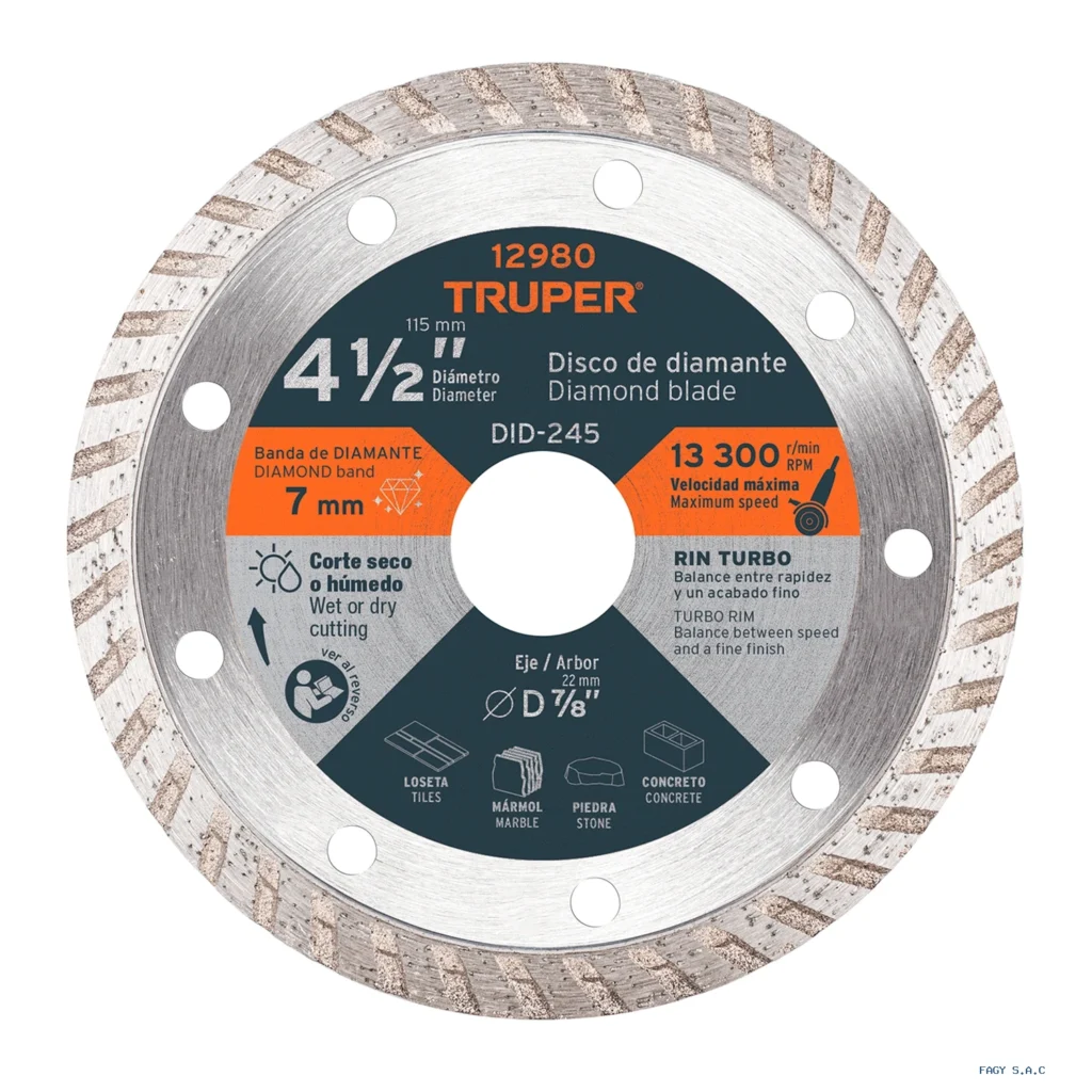 Disco de diamante de 4-1/2" x 2.2 mm,  rin turbo, TRUPER  12980  DID-245