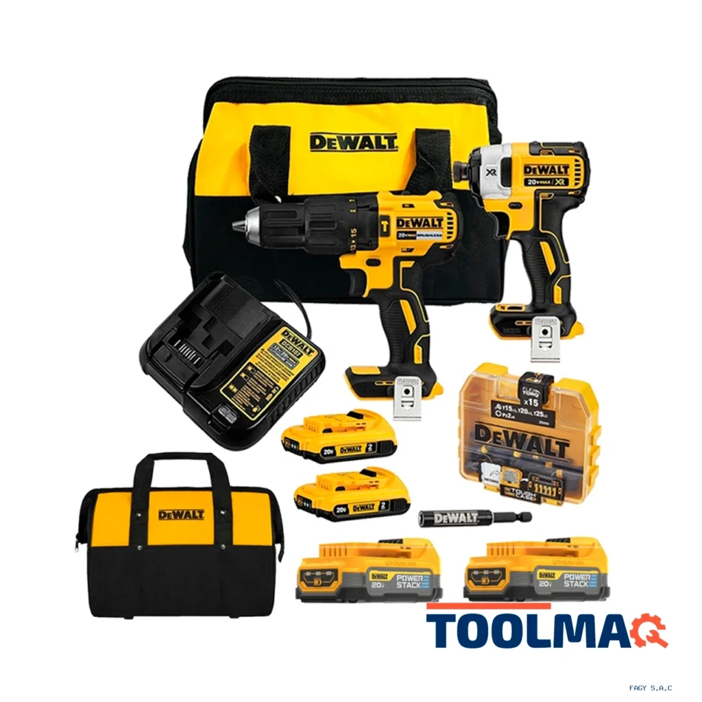 Taladro Perc 1/2" + Atorn de Impacto 1/4" 20V Brushless + Set de Puntas 16 Pzs + Kit Baterias Power Stack Dewalt DCK223D2-K7