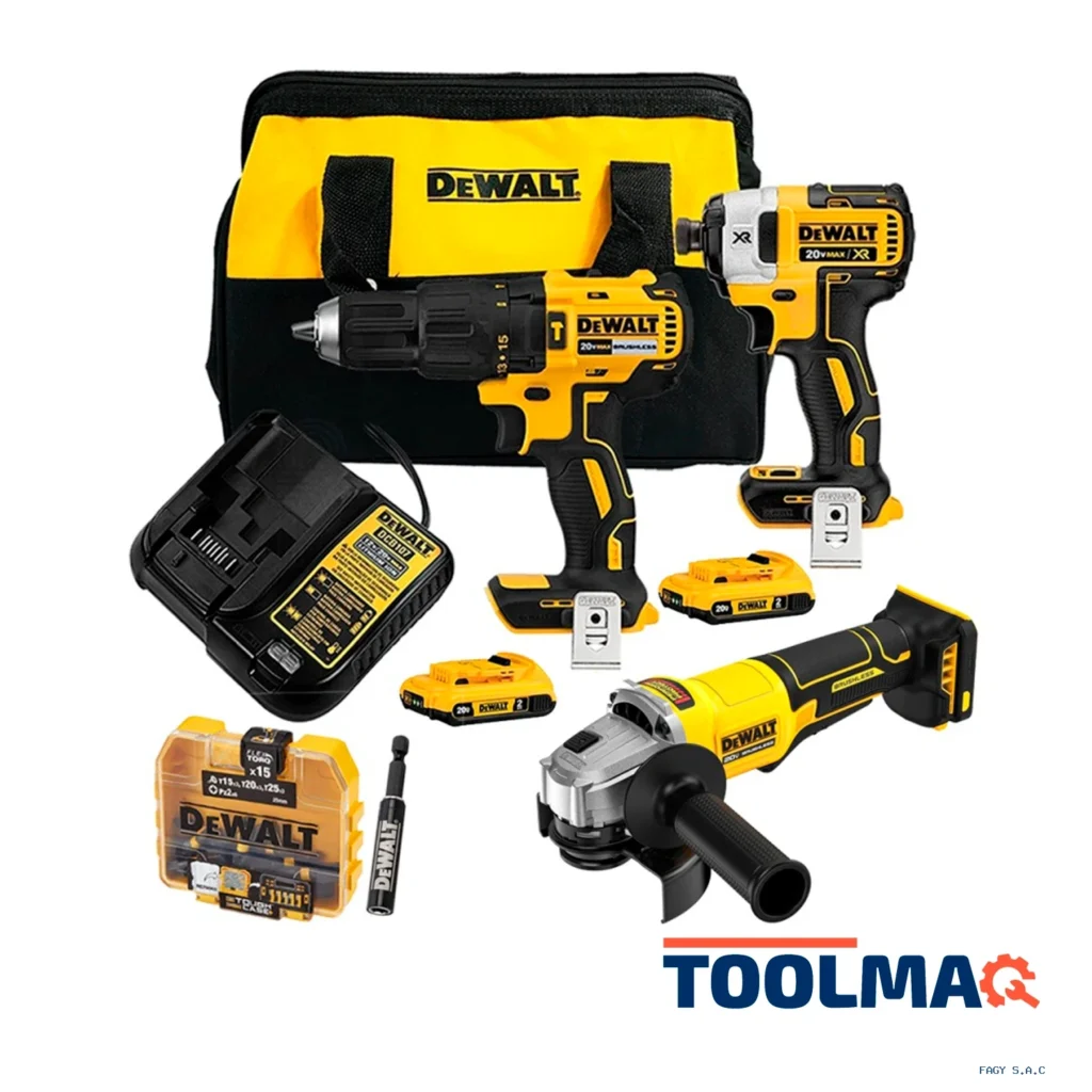 Taladro Perc 1/2" + Atorn de Impacto 1/4" 20V Brushless + Amoladora 4 1/2" + Set de Puntas 16 Pzs Dewalt DCK223D2-K8