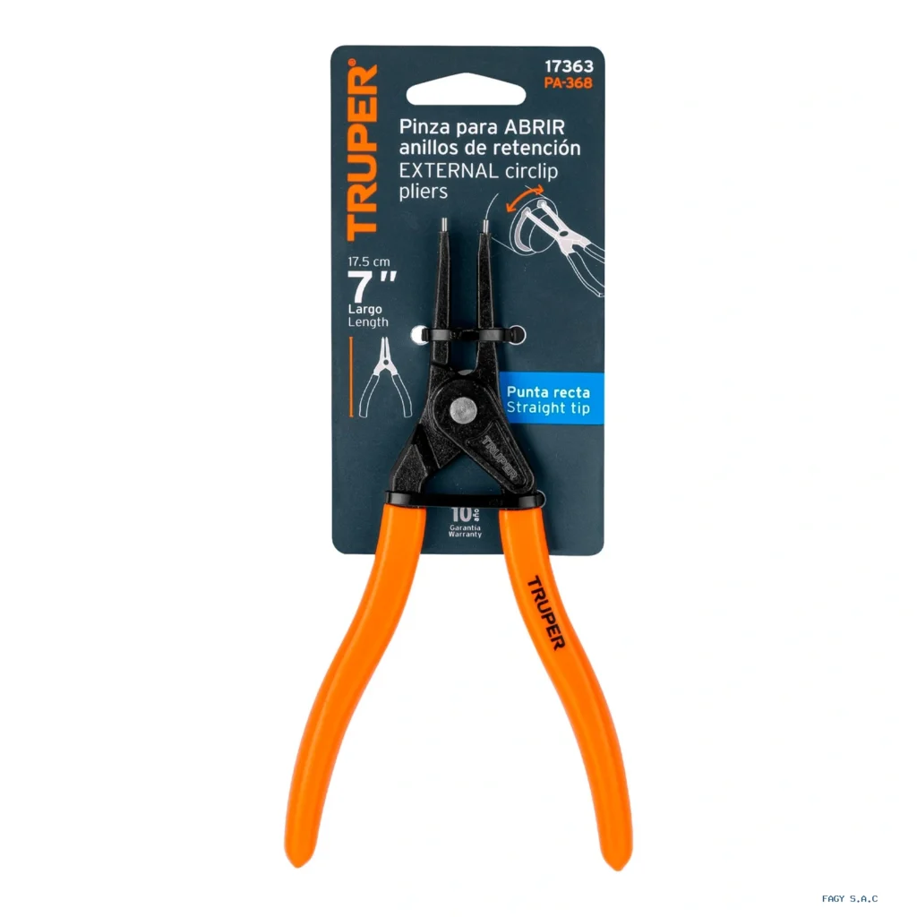 Alicate pinza punta recta 7" para abrir anillos, mango de PVC 17363