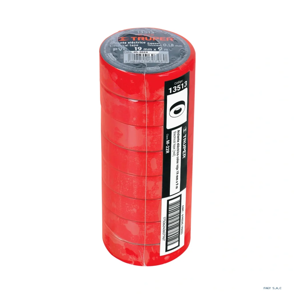 Cinta de aislar de 9 m x 19 mm, roja, Truper 13513