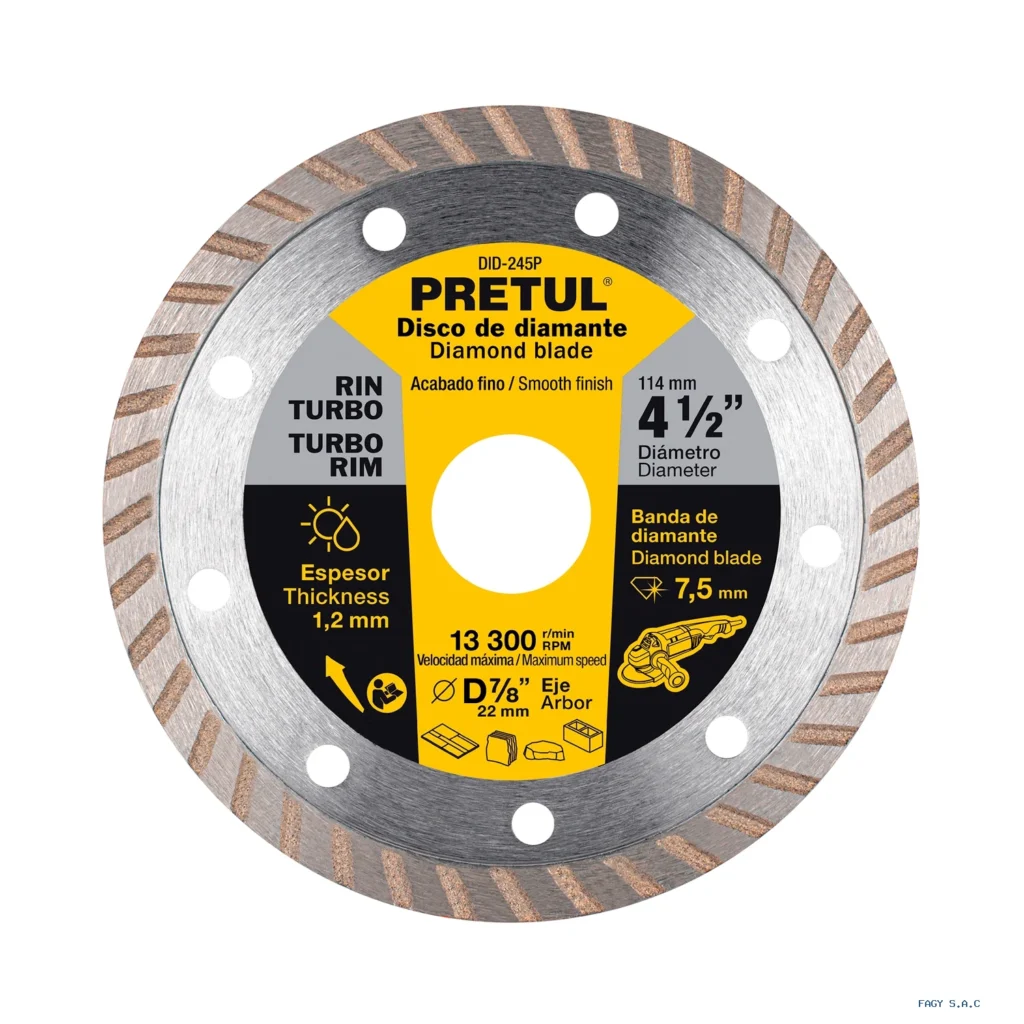 Disco de diamante de 4-1/2" x 1.2 mm,  rin turbo, PRETUL 27017 DID-245P