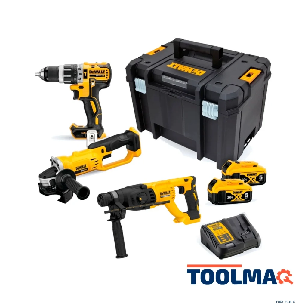 Taladro Perc 1/2" + Amoladora 4 1/2" 20V 2 Bat + TSTAK + Rotomartillo Sds Plus Dewalt DCK209P2T-K9