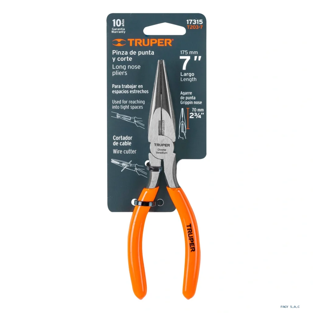Alicate pinza de punta y corte 7" mango de PVC, Truper 17315