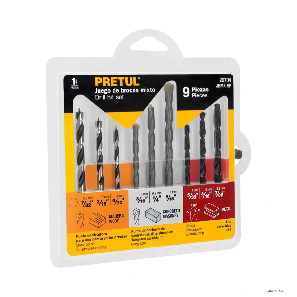 Juego de 9 brocas para metal, concreto y madera, Pretul 20704