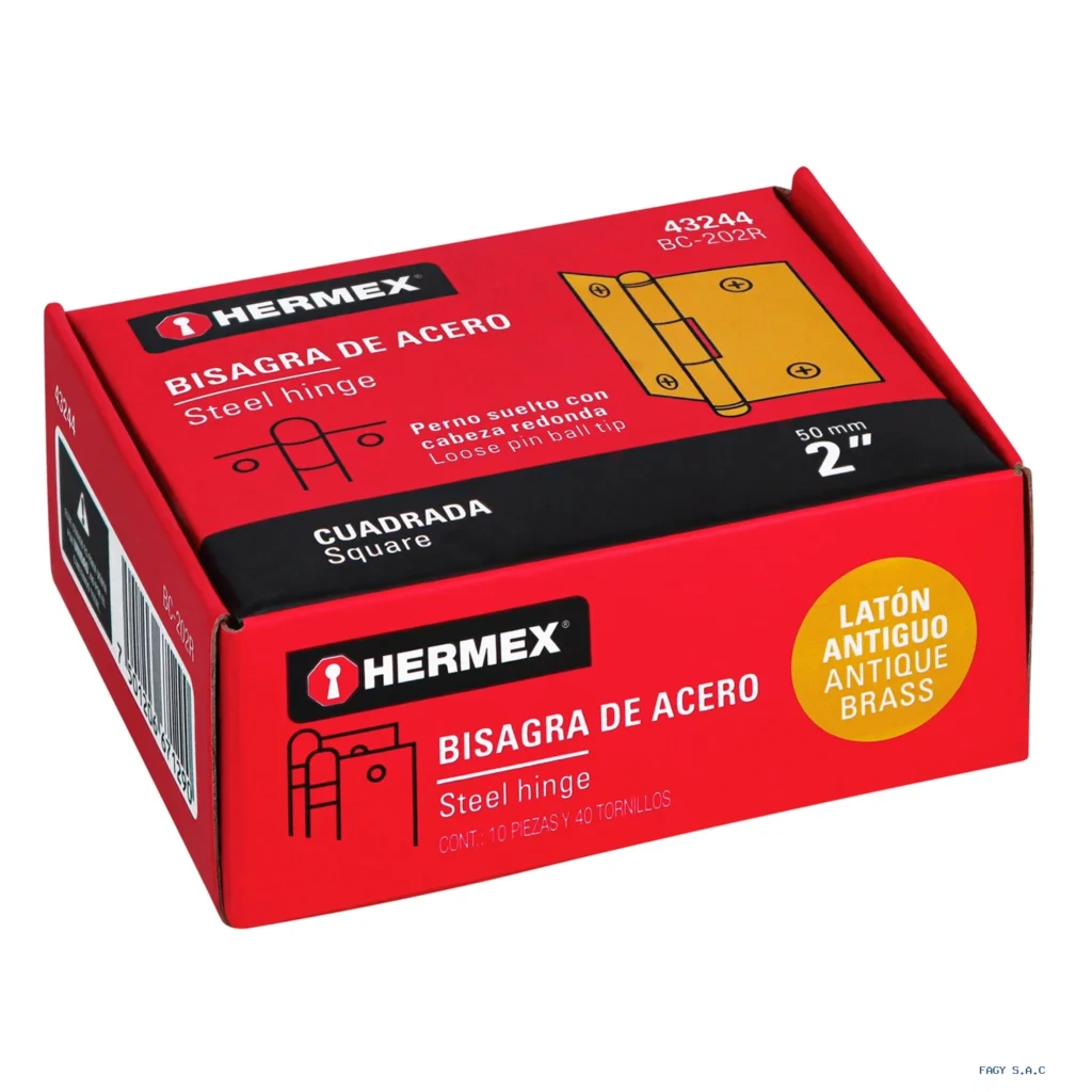 Bisagra cuadrada 2", latón antiguo, cabeza redonda, HERMEX 43244