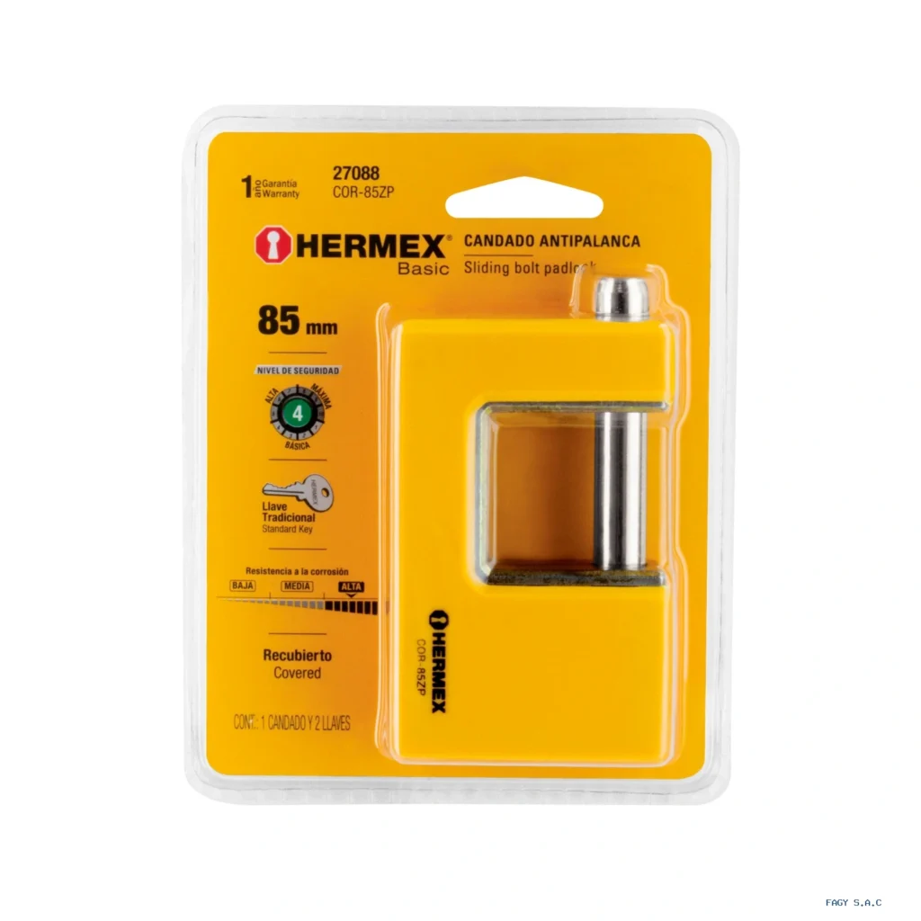 Candado antipalanca 85 mm cuerpo metálico, HERMEX BASIC 27088