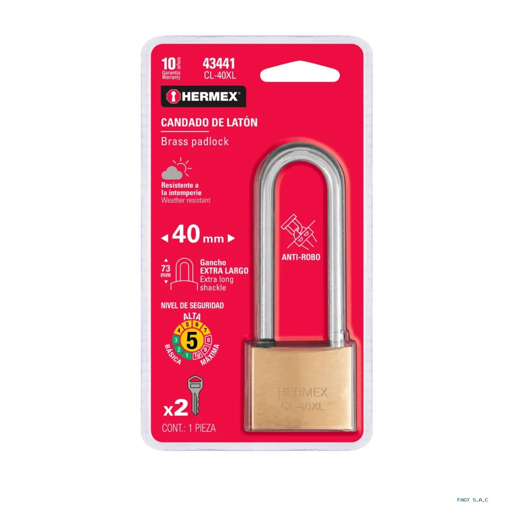 Candado de latón 40 mm gancho extra largo en blíster, HERMEX 43441