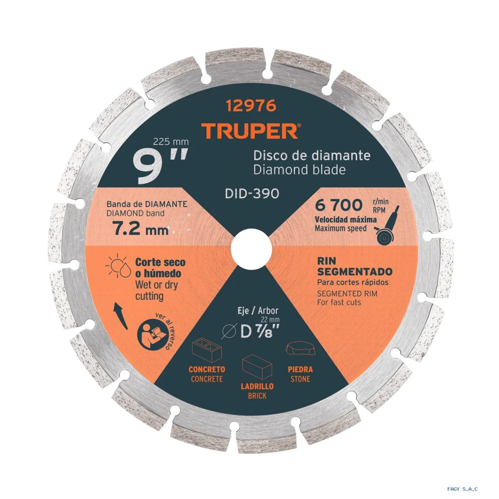 Disco de diamante de 9" x 2.7 mm, rin  segmentado, TRUPER  12976  DID-390